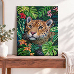 Finished jungle jaguar glow pearl diamond painting artwork displayed as home decor