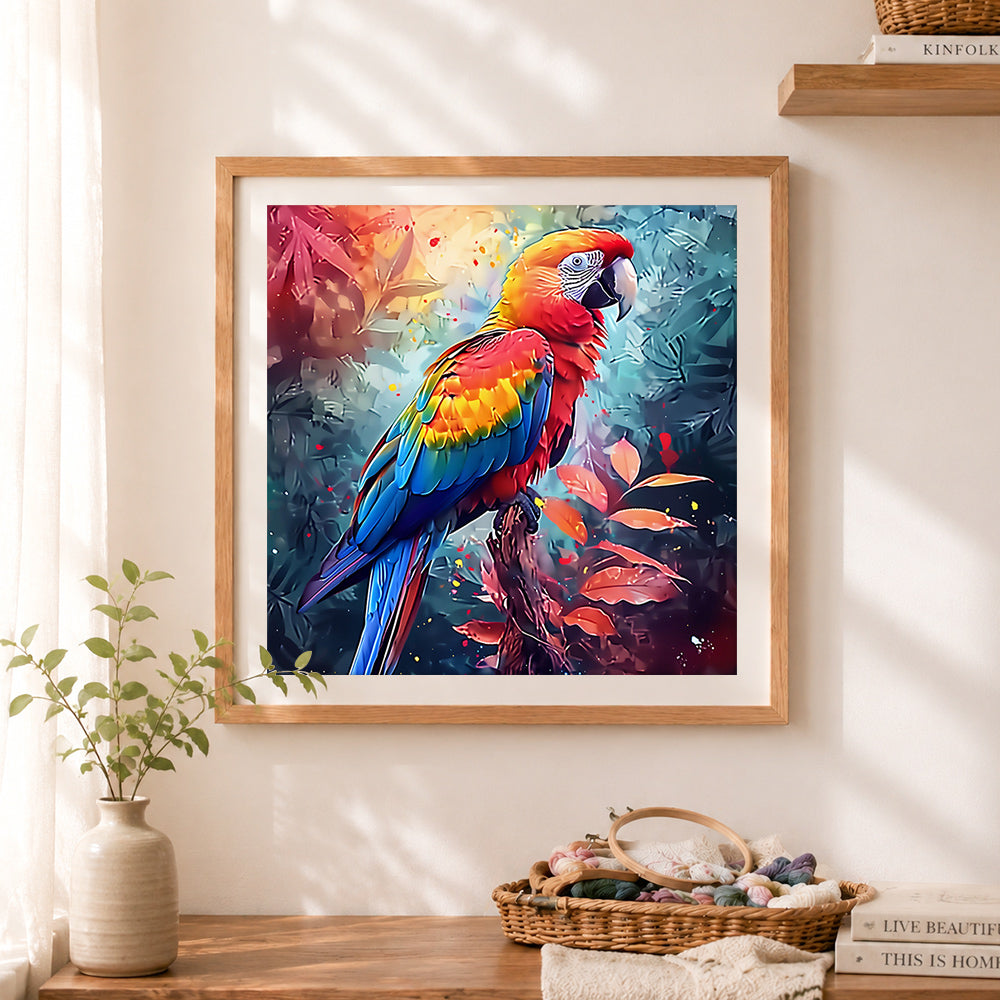 Finished jungle macaw cross stitch artwork displayed as home decor