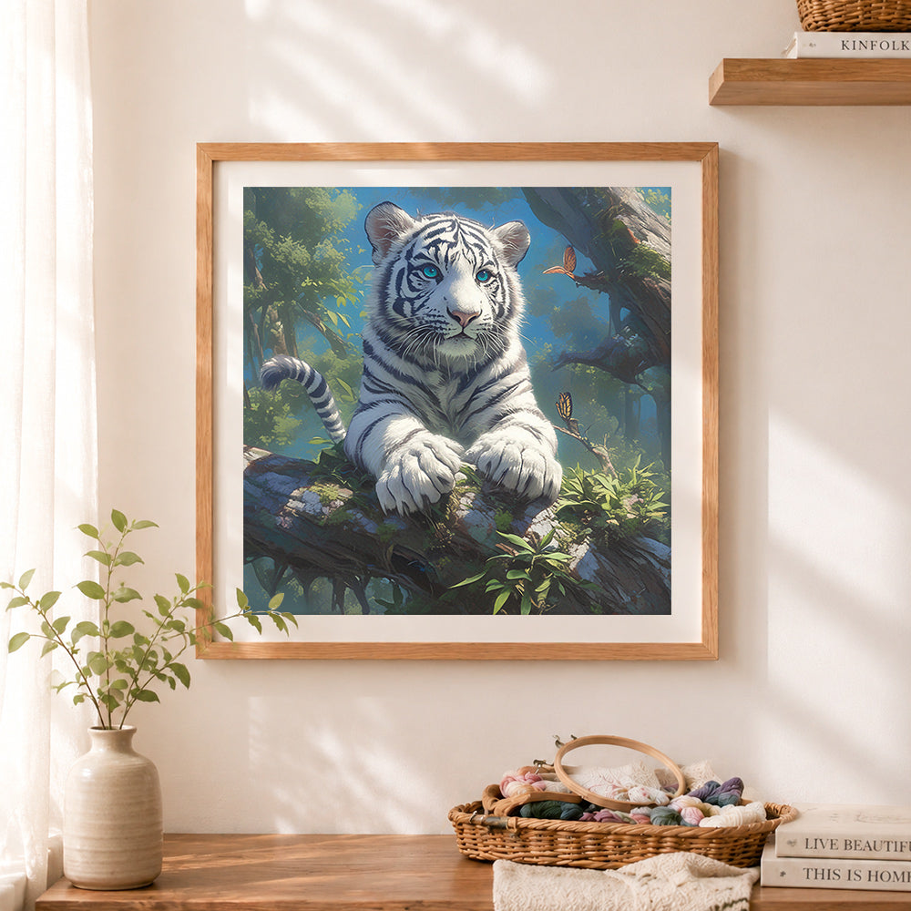 Finished jungle white tiger cub cross stitch artwork displayed as home decor