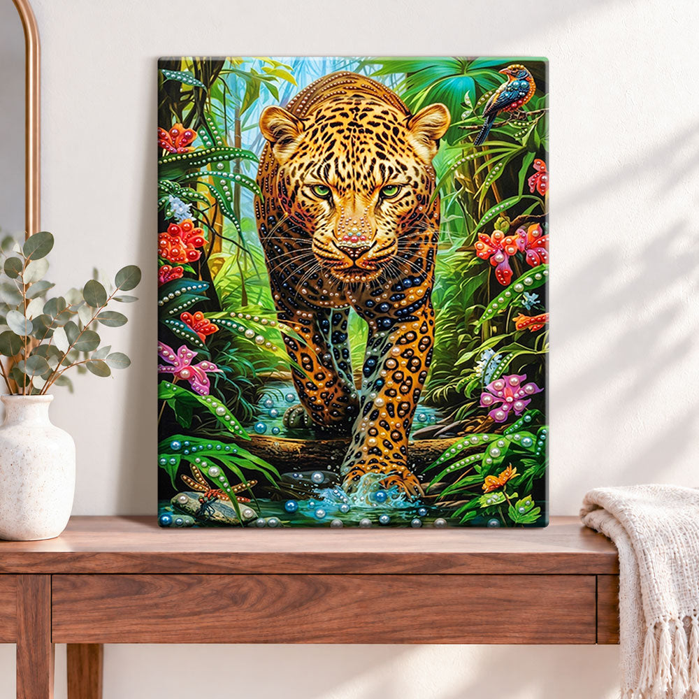 Finished jungle wild majesty pearl diamond painting artwork displayed as home decor