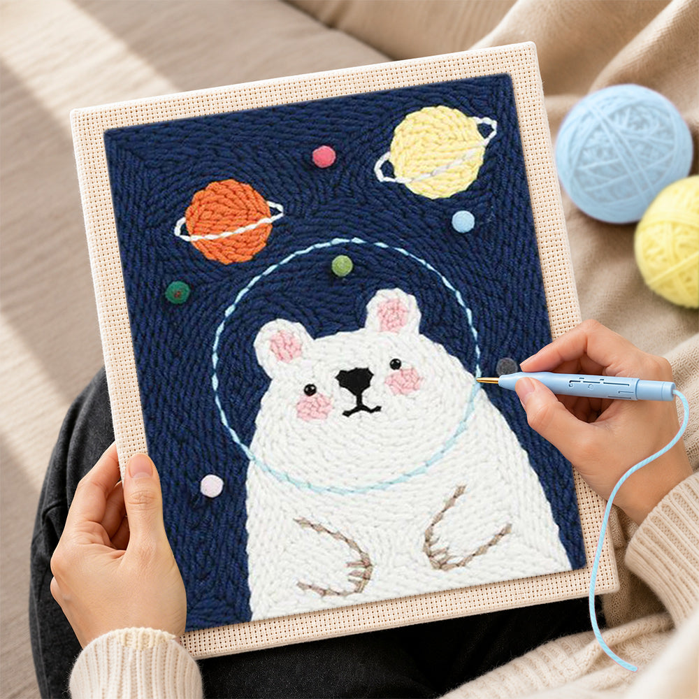 Creating handmade kawaii astronaut bear punch needle artwork