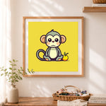 Finished kawaii sitting monkey cross stitch artwork displayed as home decor
