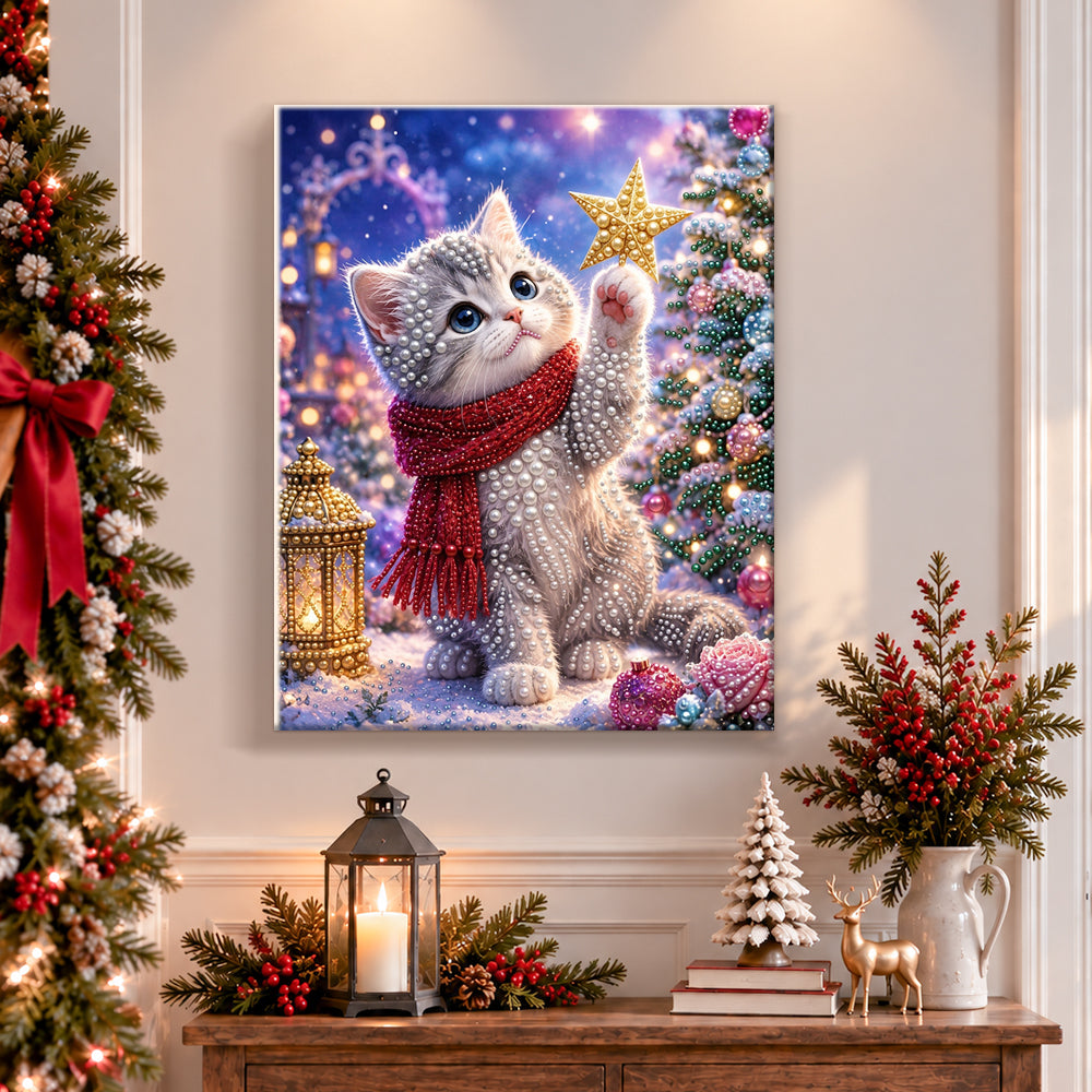 Finished kitten holding golden star pearl diamond painting artwork displayed as holiday home decor