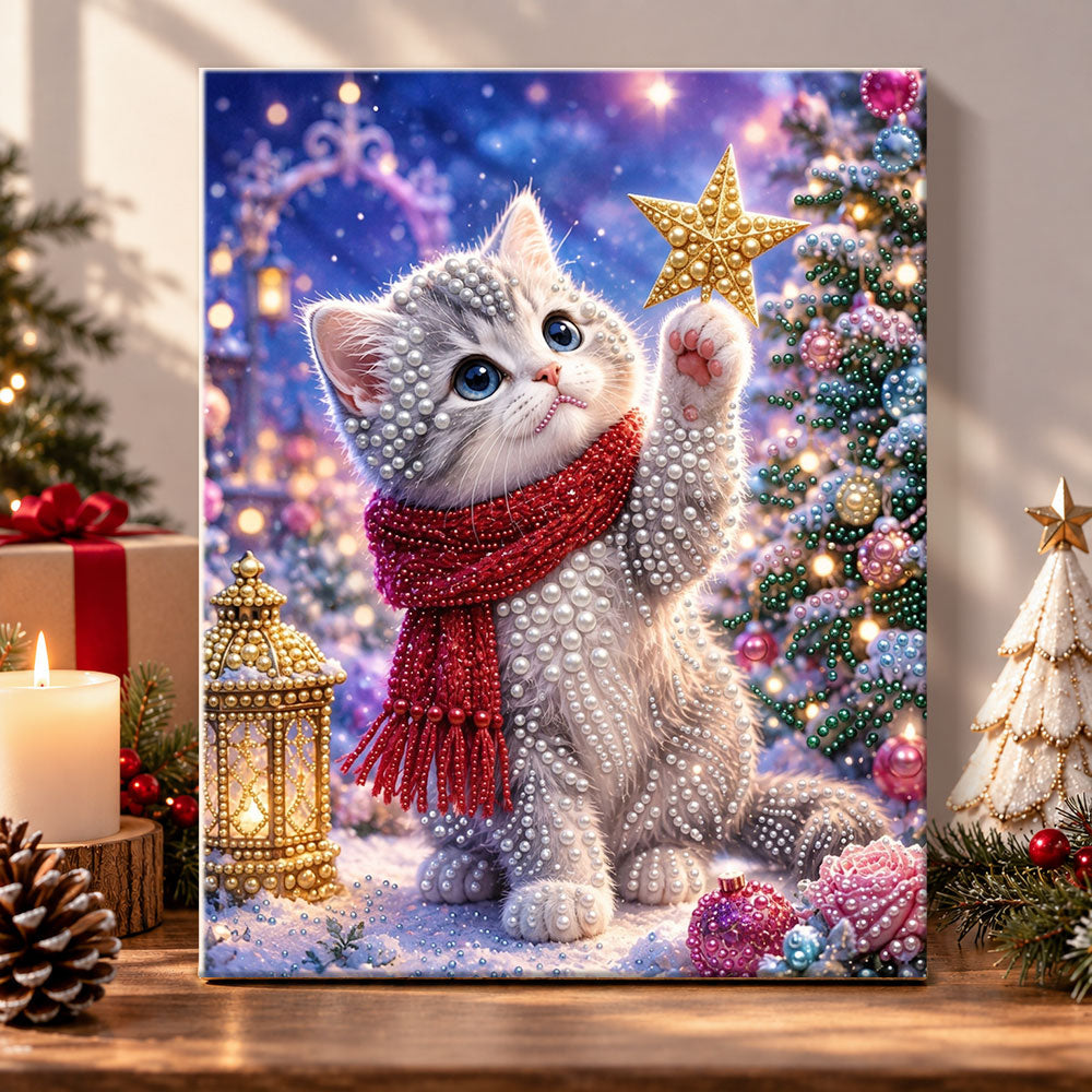 Kitten holding golden star pearl diamond painting kit for beginners