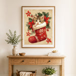Finished kitten in christmas stocking cross stitch artwork displayed as home decor