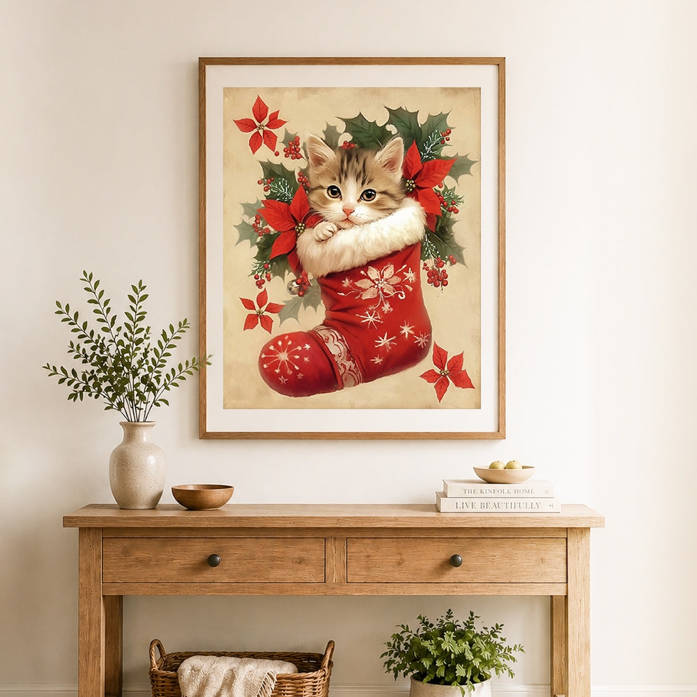 Finished kitten in christmas stocking cross stitch artwork displayed as home decor