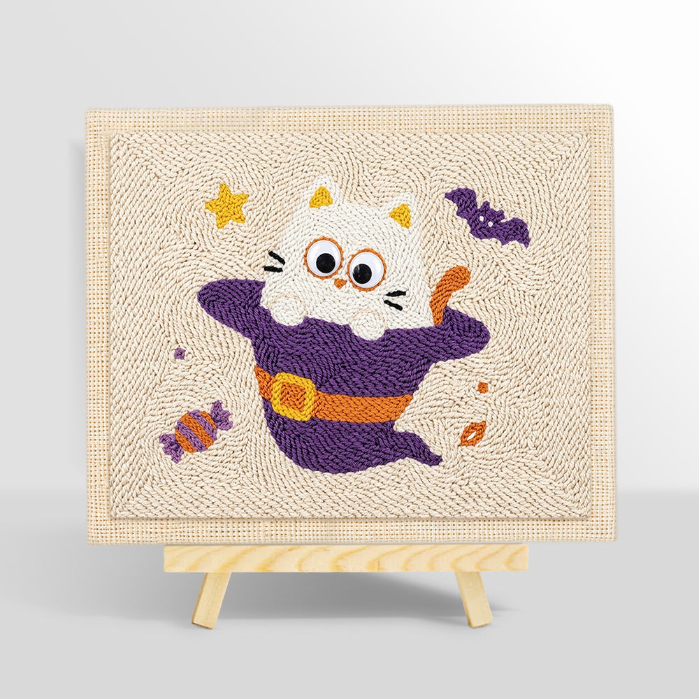 Kitten in witch costume punch needle kit for beginners