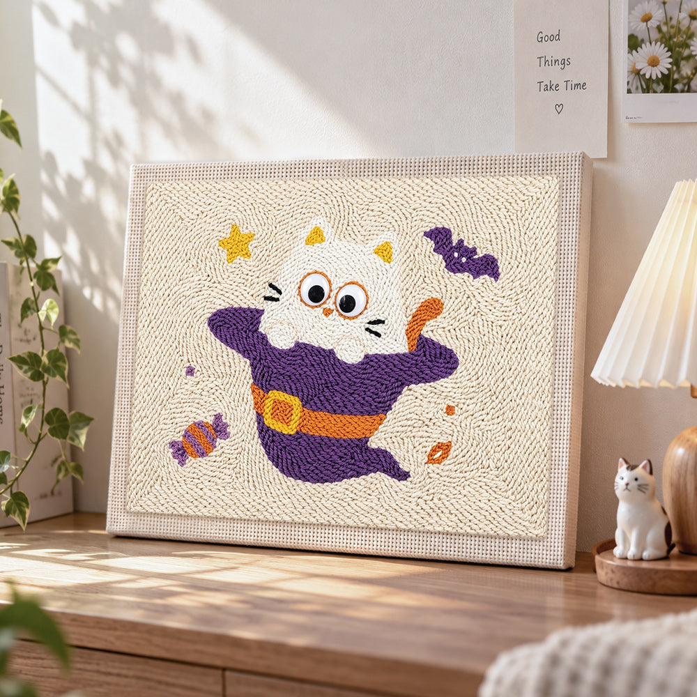 Kitten in witch costume punch needle artwork displayed on a table