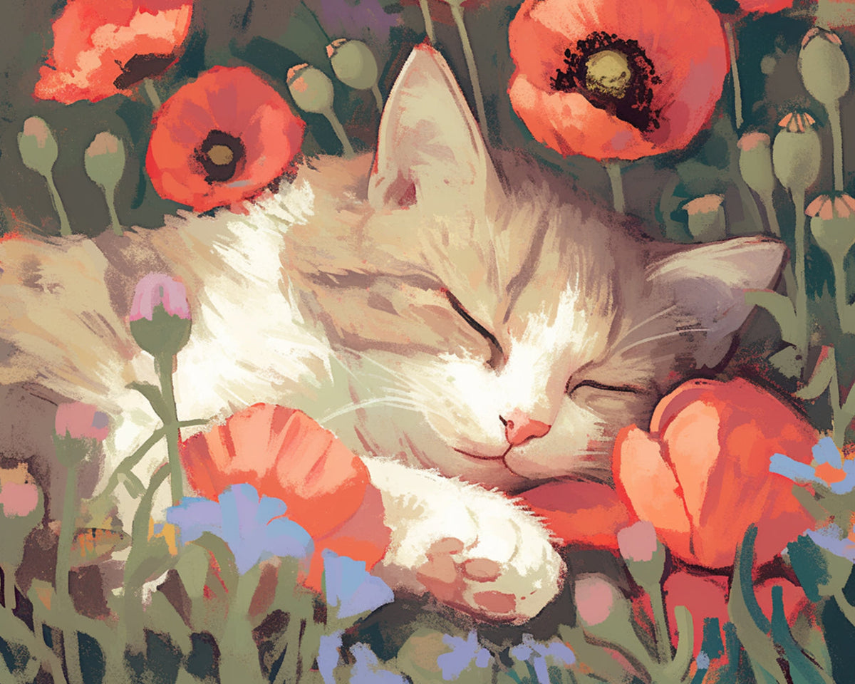 Kitten napping among poppies cross stitch kit for beginners