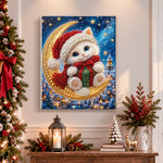 Finished kitten sitting on crescent moon pearl diamond painting artwork displayed as holiday home decor