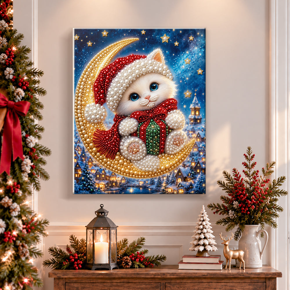 Finished kitten sitting on crescent moon pearl diamond painting artwork displayed as holiday home decor