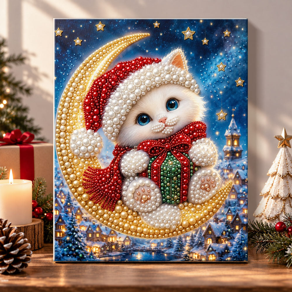 Kitten sitting on crescent moon pearl diamond painting kit for beginners