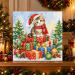 Finished kitten sitting on stacked gifts pearl diamond painting artwork displayed as holiday home decor
