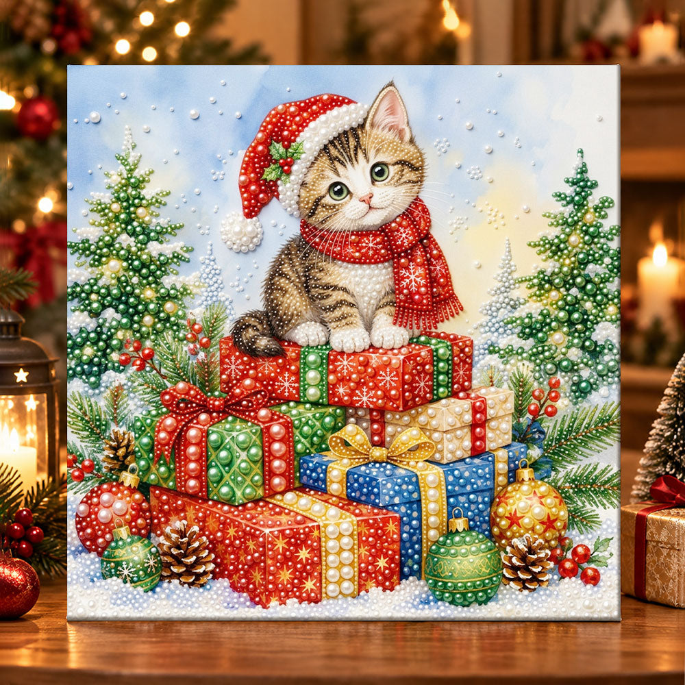 Kitten sitting on stacked gifts pearl diamond painting kit for beginners