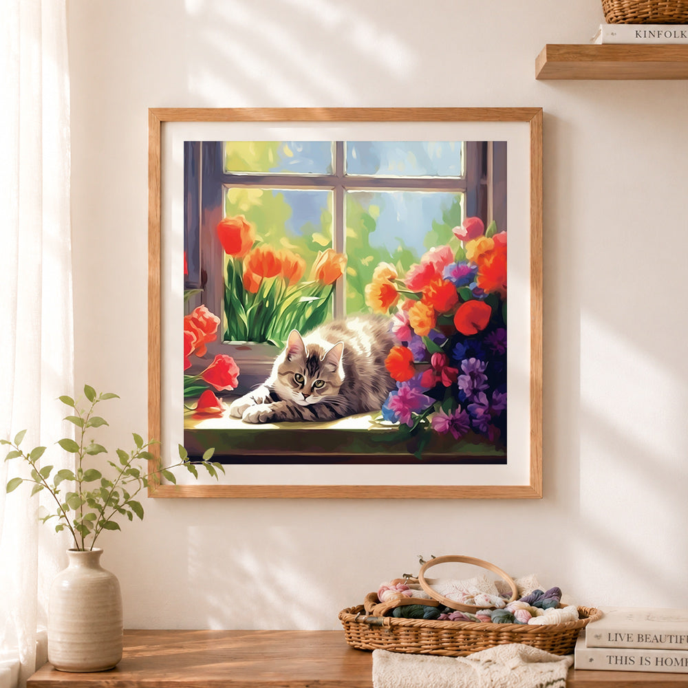 Finished kitten window tulips cross stitch artwork displayed as home decor
