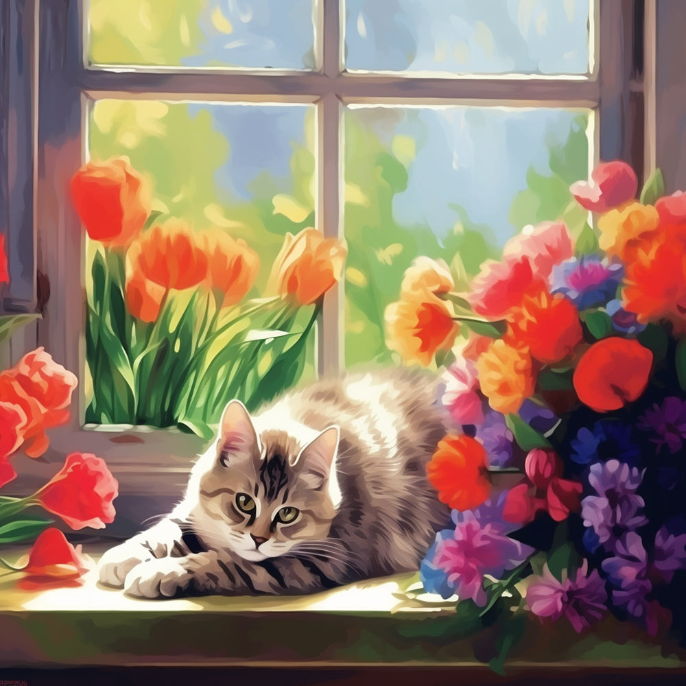 Kitten window tulips cross stitch kit for beginners