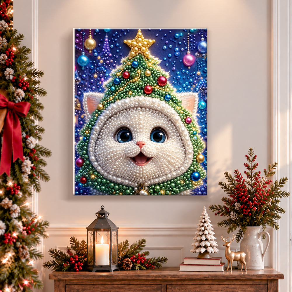 Finished kitten with christmas tree hood pearl diamond painting artwork displayed as holiday home decor
