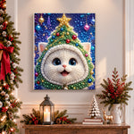 Finished kitten with christmas tree hood pearl diamond painting artwork displayed as holiday home decor