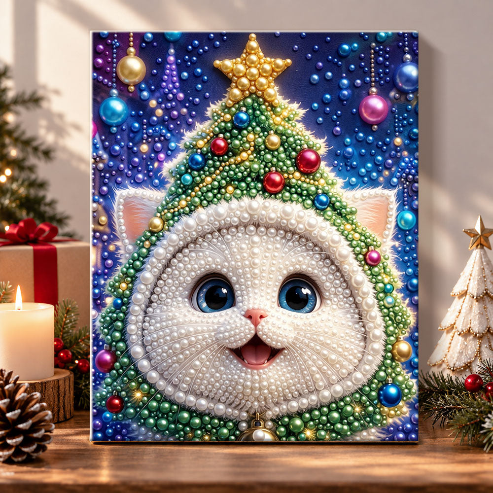 Kitten with christmas tree hood pearl diamond painting kit for beginners