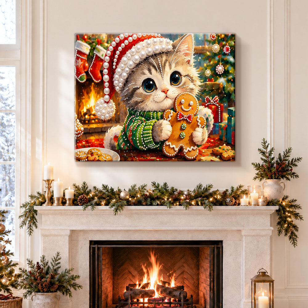 Finished kitten with gingerbread cookie pearl diamond painting artwork displayed as holiday home decor
