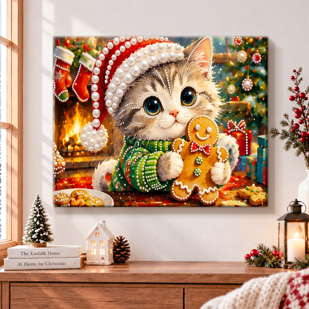 Kitten with gingerbread cookie pearl diamond painting kit for beginners