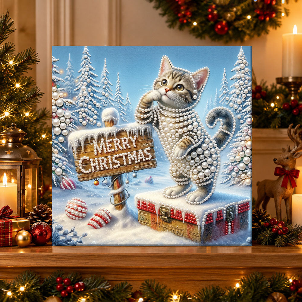 Finished kitten with merry christmas sign pearl diamond painting artwork displayed as holiday home decor