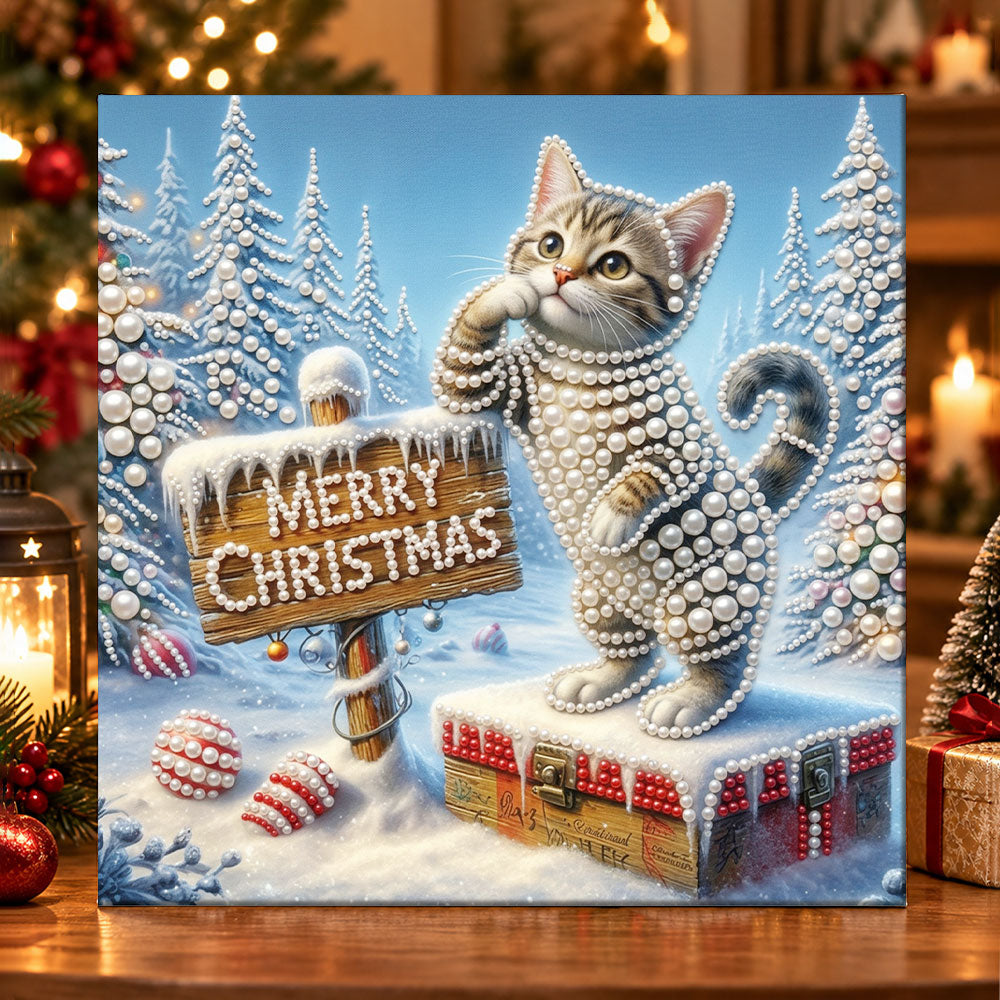 Kitten with merry christmas sign pearl diamond painting kit for beginners