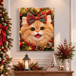 Finished kitten with plaid bow for holiday pearl diamond painting artwork displayed as holiday home decor