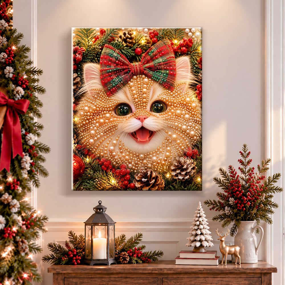 Finished kitten with plaid bow for holiday pearl diamond painting artwork displayed as holiday home decor