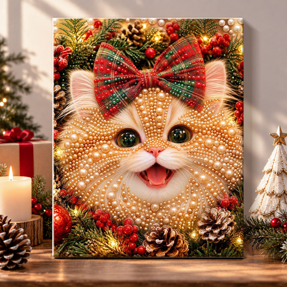 Kitten with plaid bow for holiday pearl diamond painting kit for beginners