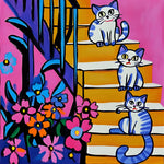 Kittens on bright stairs cross stitch kit for beginners