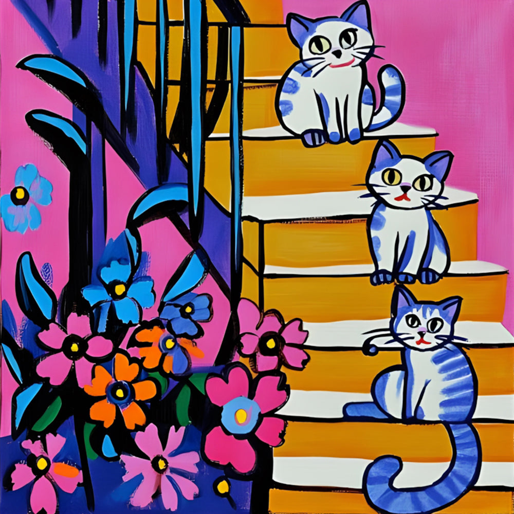 Kittens on bright stairs cross stitch kit for beginners