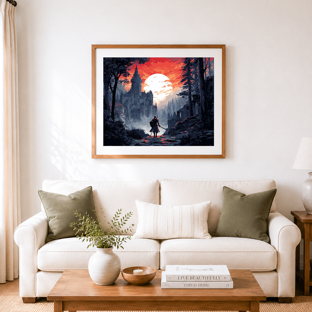 Finished knight facing castle under a red sun cross stitch artwork displayed as home decor