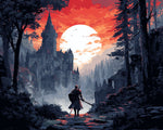 Knight facing castle under a red sun cross stitch kit for beginners