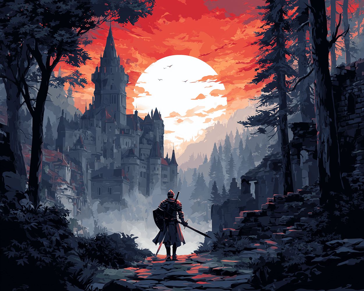 Knight facing castle under a red sun cross stitch kit for beginners