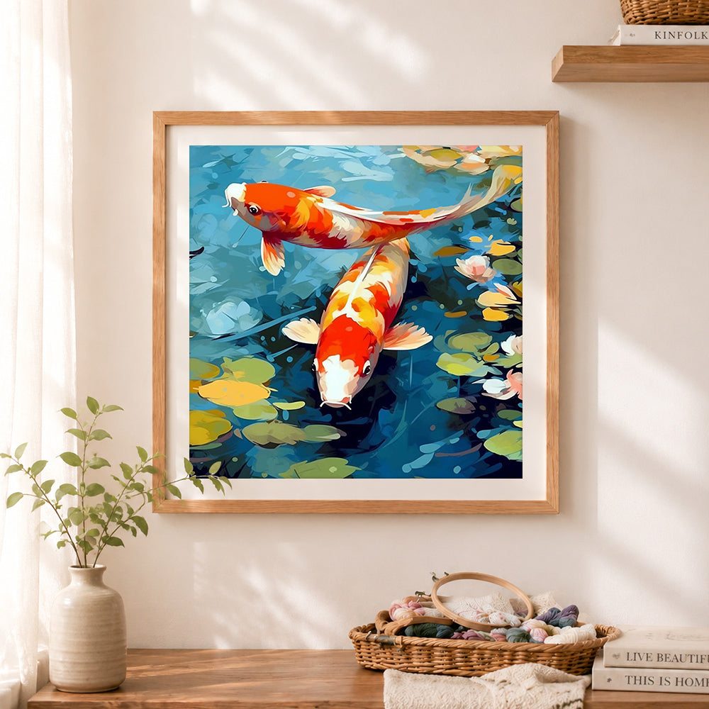 Finished koi among lily pads cross stitch artwork displayed as home decor