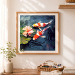 Finished koi fish and pink lotus cross stitch artwork displayed as home decor