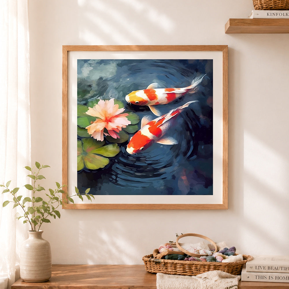 Finished koi fish and pink lotus cross stitch artwork displayed as home decor