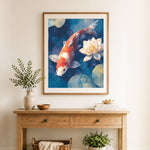 Finished koi fish and white lotus cross stitch artwork displayed as home decor