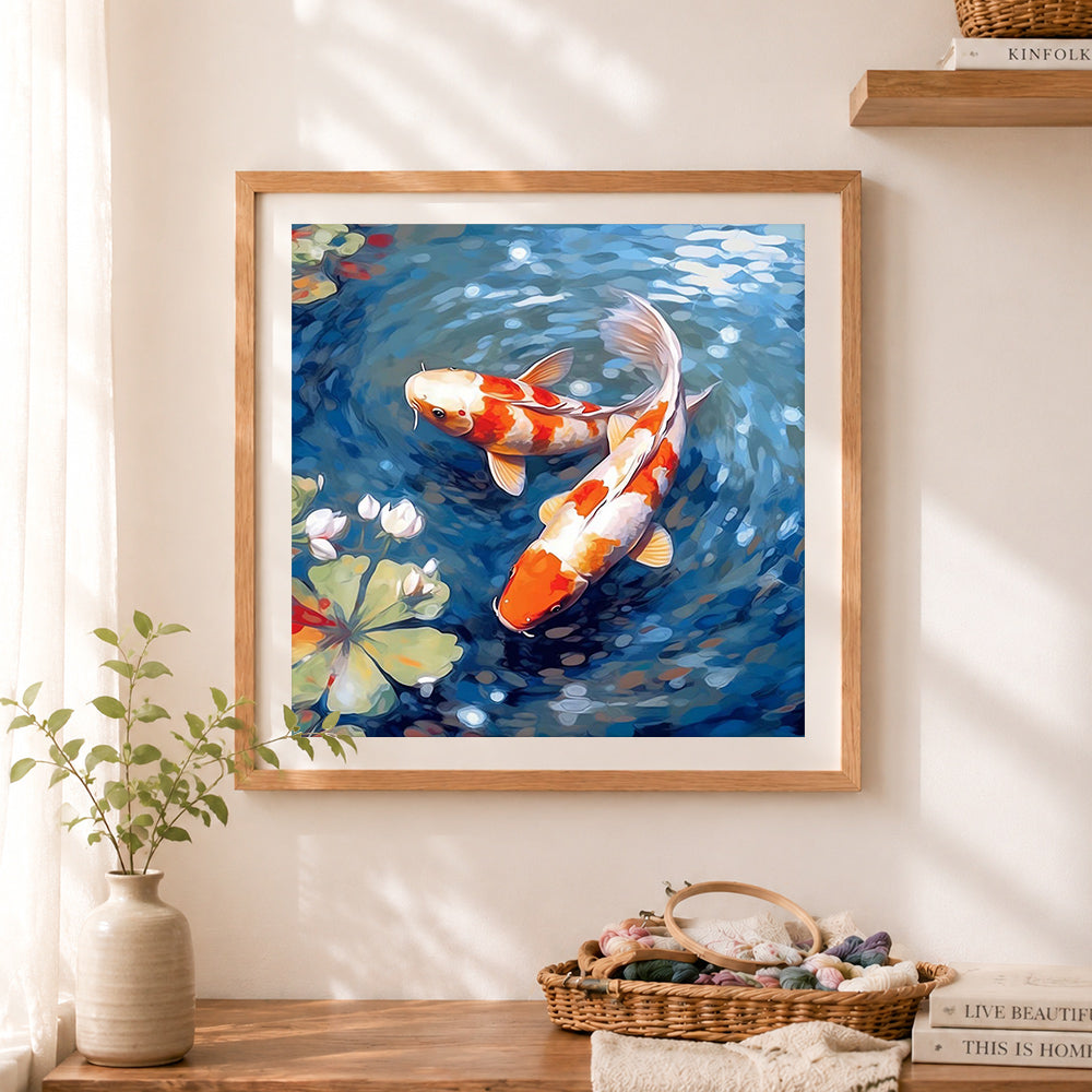 Finished koi fish with lotus cross stitch artwork displayed as home decor