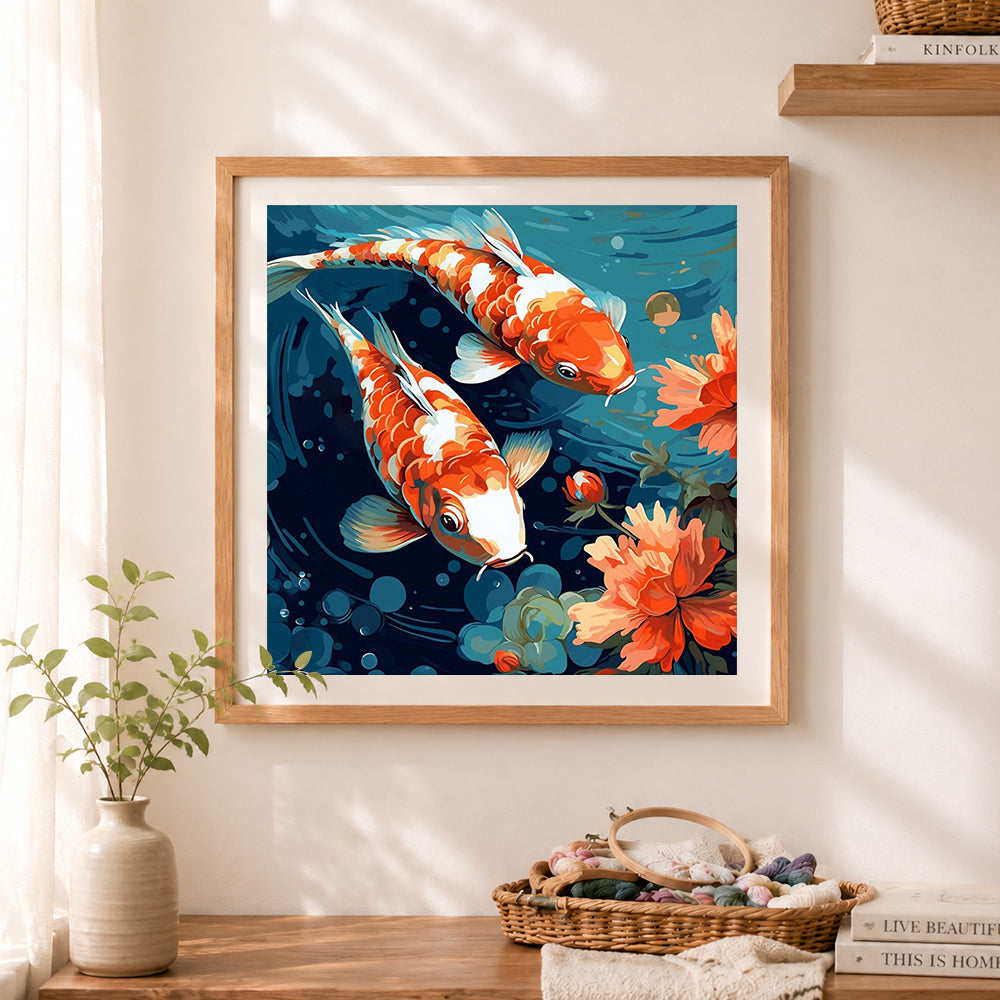 Finished koi fish with peony cross stitch artwork displayed as home decor