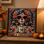 Finished la chismosa sugar skull pearl diamond painting artwork displayed as holiday home decor