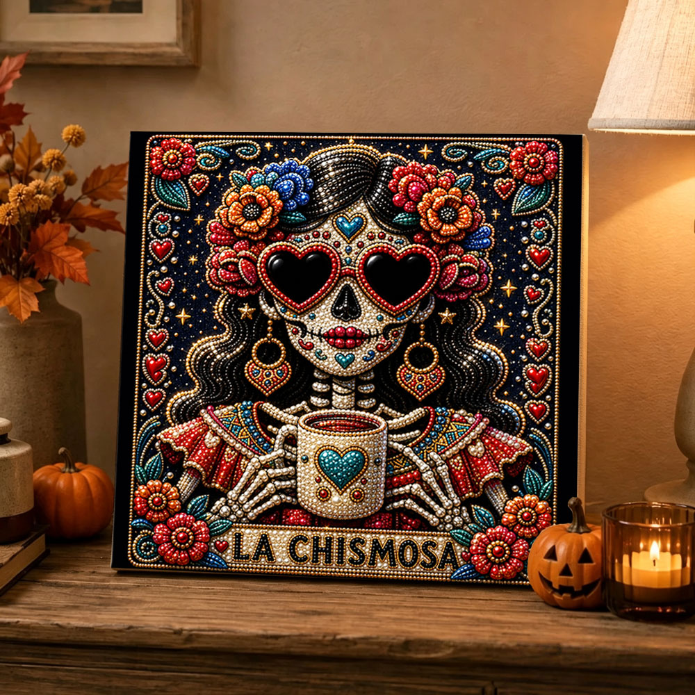 Finished la chismosa sugar skull pearl diamond painting artwork displayed as holiday home decor