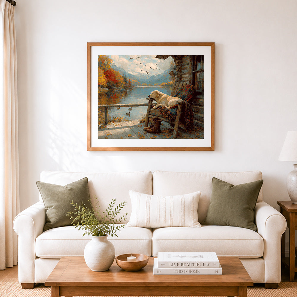 Finished labrador dog on cabin porch by lake cross stitch artwork displayed as home decor