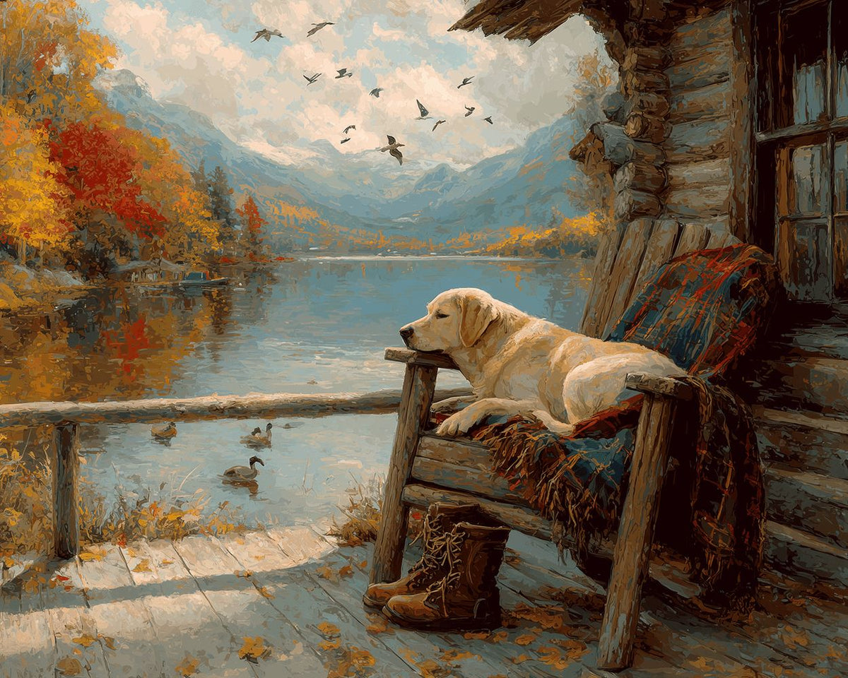 Labrador dog on cabin porch by lake cross stitch kit for beginners