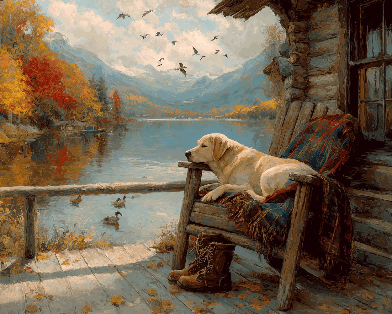 Labrador dog on cabin porch by lake cross stitch kit for beginners