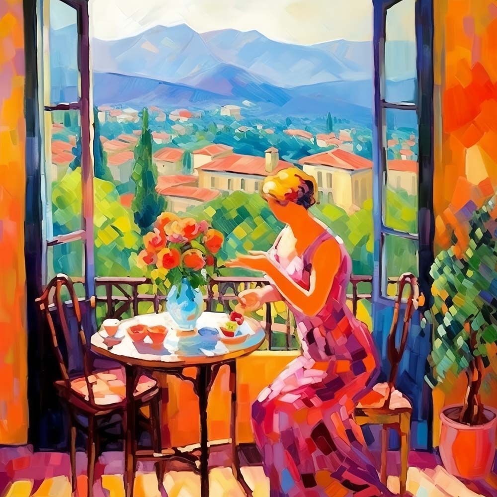 Lady enjoying mountain view cross stitch kit for beginners