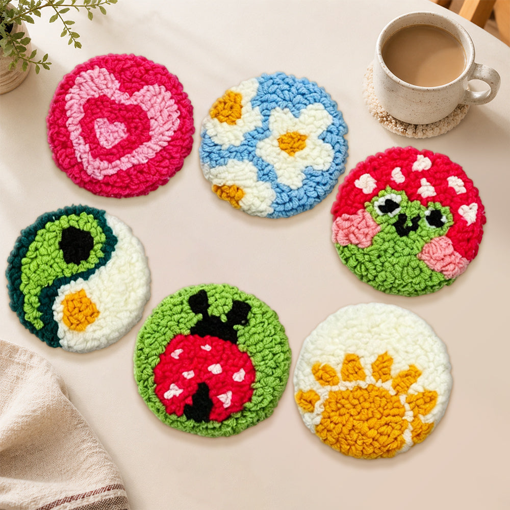 Ladybug, heart and yin yang punch needle coasters used for home decoration