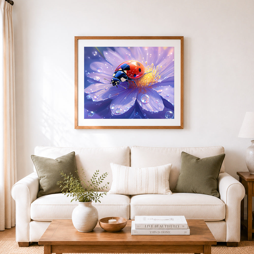 Finished ladybug on dewy purple flower cross stitch artwork displayed as home decor