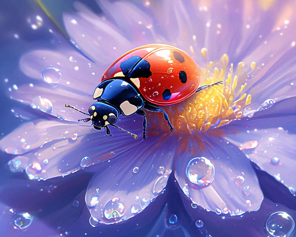 Ladybug on dewy purple flower cross stitch kit for beginners